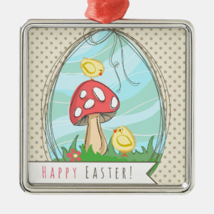 Niedlich Osterküken mit Pilz Happy Oaster Ornament Aus Metall