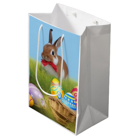 Niedlich Ostern-Bunnyum für eine positive Stimmung Mittlere Geschenktüte (Vorderseite Schrägansicht)