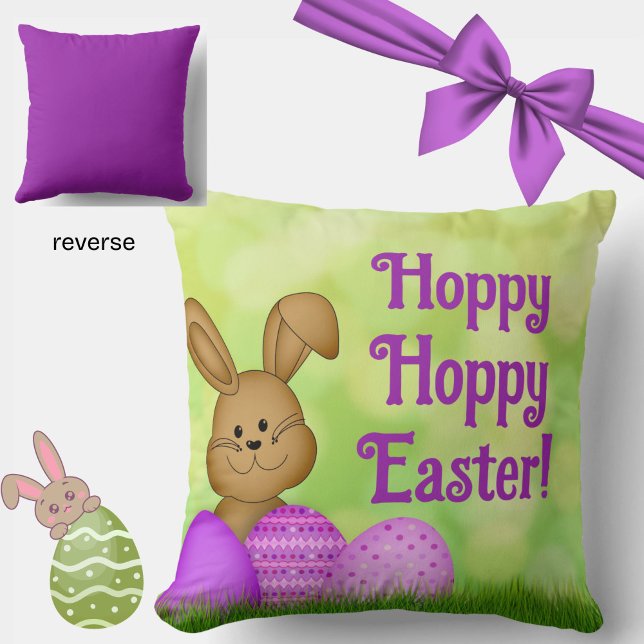 Niedlich Ostern Sonniger Frühling Farbe Grün Lila Kissen (A cheery, spring green and purple Easter pillow, featuring an adorable Easter bunny.)