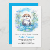 Niedlich Otter Blue Floral Boy Baby Dusche Einladung (Vorne/Hinten)
