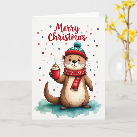 Niedlich Otter Hot Cocoa Frohe Weihnachtskarte Karte (Gelbe Blume)