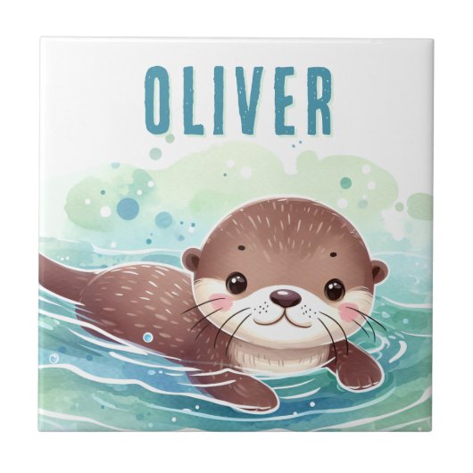 Niedlich Otter Illustration Individuelle Name Fliese (Vorderseite)