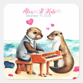 Niedlich Otters Couple | Romantische Hochzeit Quadratischer Aufkleber