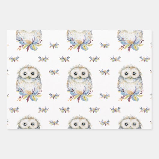 Niedlich Owl beige und blau Geschenkpapier Set (Vorderseite)