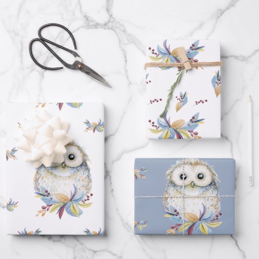 Niedlich Owl beige und blau Geschenkpapier Set (Vorderseite)