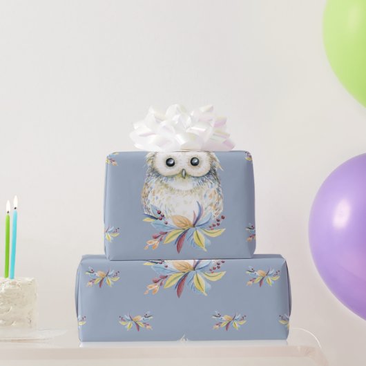 Niedlich Owl-beige und blau-graue Hintergrundfarbe Geschenkpapier (Partygeschenke)