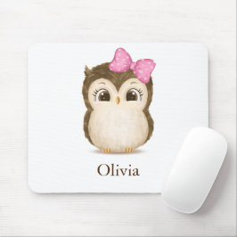 Niedlich Owl Pink Bow Girl Wasserfarbe Name Mousepad
