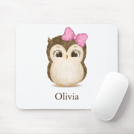 Niedlich Owl Pink Bow Girl Wasserfarbe Name Mousepad (Mit Mouse)