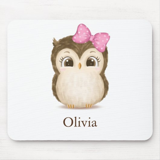 Niedlich Owl Pink Bow Girl Wasserfarbe Name Mousepad (Vorne)