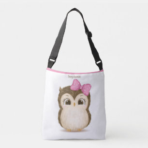 Niedlich Owl Pink Bow Girl Wasserfarbe Name Tragetaschen Mit Langen Trägern