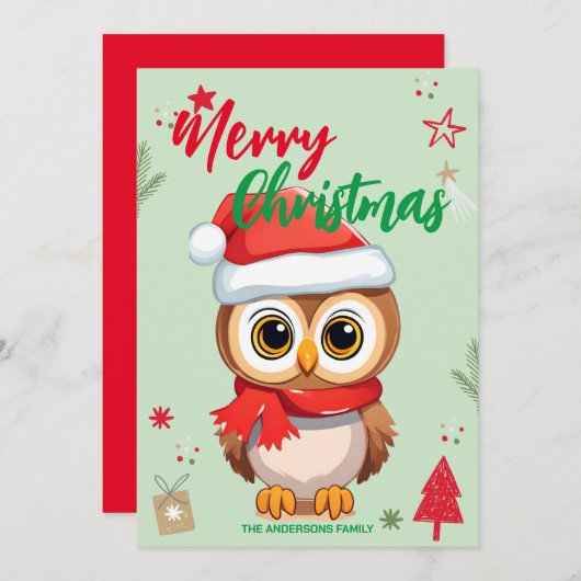 Niedlich Owl santa Weihnachtsfeiertag Familienname Feiertagskarte (Vorne/Hinten)