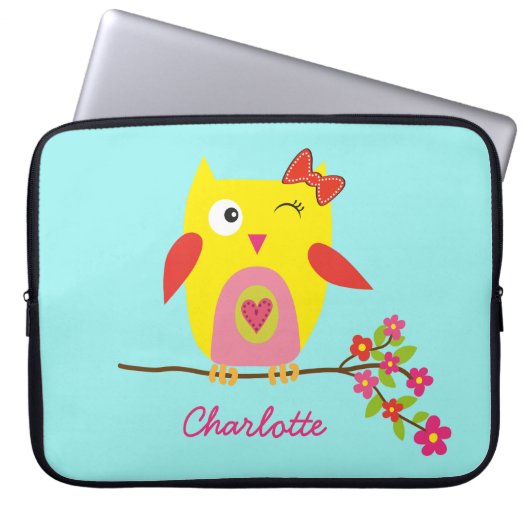 Niedlich Owl Yellow Pink Blume Personalisiert Name Laptopschutzhülle (Vorderseite)