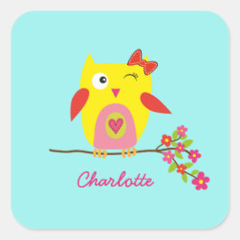 Niedlich Owl Yellow Pink Blume Personalisiert Name Quadratischer Aufkleber