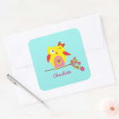 Niedlich Owl Yellow Pink Blume Personalisiert Name Quadratischer Aufkleber (Umschlag)