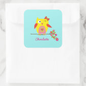 Niedlich Owl Yellow Pink Blume Personalisiert Name Quadratischer Aufkleber (Tasche)
