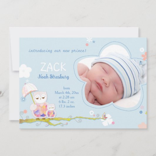 Niedlich Owls Blue Baby Boy Foto Birth Ankündigung (Vorderseite)