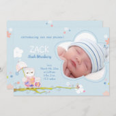 Niedlich Owls Blue Baby Boy Foto Birth Ankündigung (Vorne/Hinten)