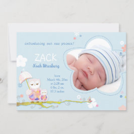 Niedlich Owls Blue Baby Boy Foto Birth Ankündigung
