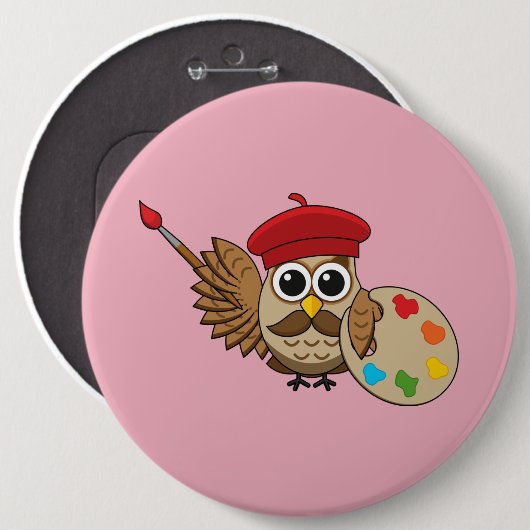 Niedlich Painter Owl Cartoon Button (Vorne & Hinten)