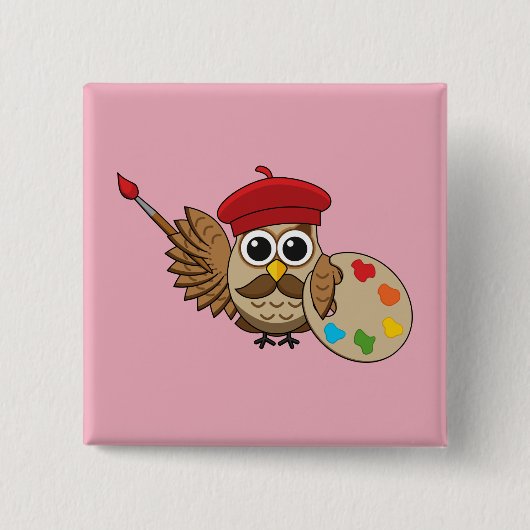 Niedlich Painter Owl Cartoon Button (Vorderseite)