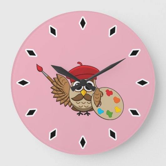 Niedlich Painter Owl Cartoon Große Wanduhr (Vorderseite)