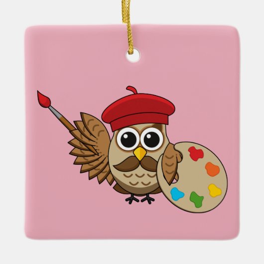 Niedlich Painter Owl Cartoon Keramikornament (Vorderseite)