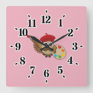 Niedlich Painter Owl Cartoon Quadratische Wanduhr