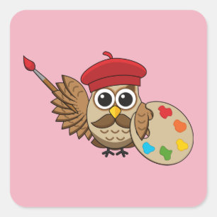 Niedlich Painter Owl Cartoon Quadratischer Aufkleber
