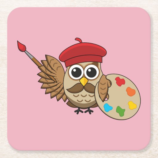 Niedlich Painter Owl Cartoon Rechteckiger Pappuntersetzer (Vorderseite)
