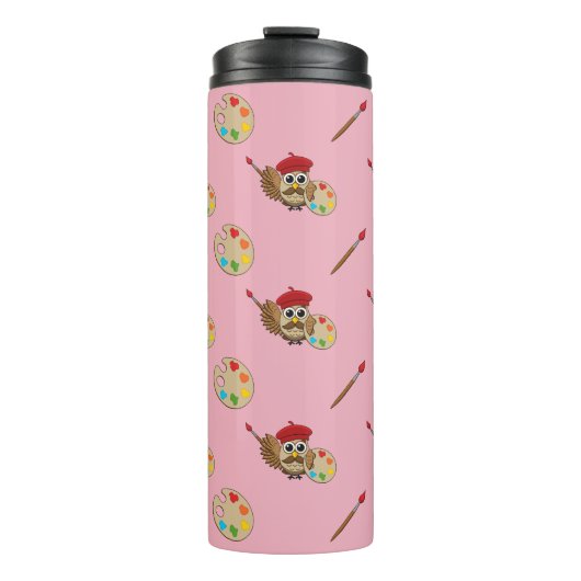 Niedlich Painter Owl Cartoon Thermosbecher (Vorderseite)