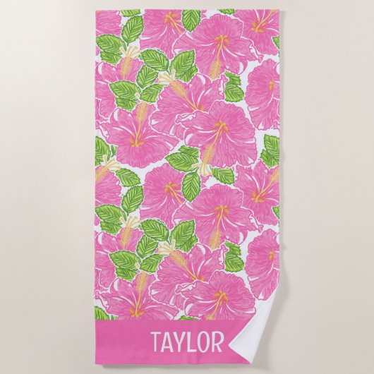 Niedlich Palm Beach Pink Hibiskus Blume Strandtuch (Vorderseite)