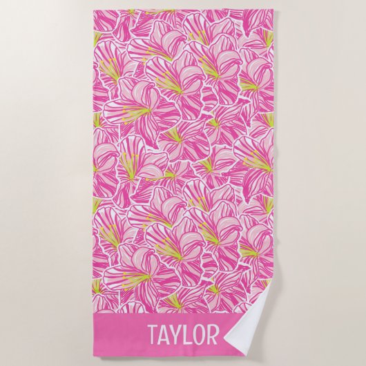 Niedlich Palm Beach Pink Hibiskus Blume Strandtuch (Vorderseite)