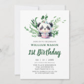 Niedlich Panda Aquarellgrün 1. Geburtstag Einladung (Vorderseite)