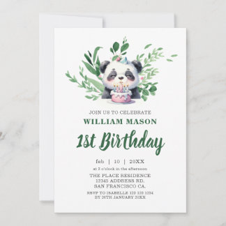 Niedlich Panda Aquarellgrün 1. Geburtstag Einladung