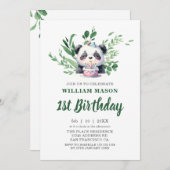 Niedlich Panda Aquarellgrün 1. Geburtstag Einladung (Vorne/Hinten)