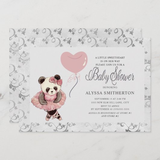 Niedlich Panda Bear Ballerina Baby Girl Dusche Einladung (Vorne/Hinten)
