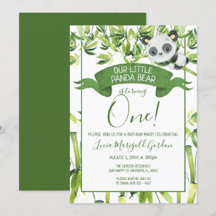 Niedlich Panda Bear Green Bamboo Erste Geburtstags Einladung