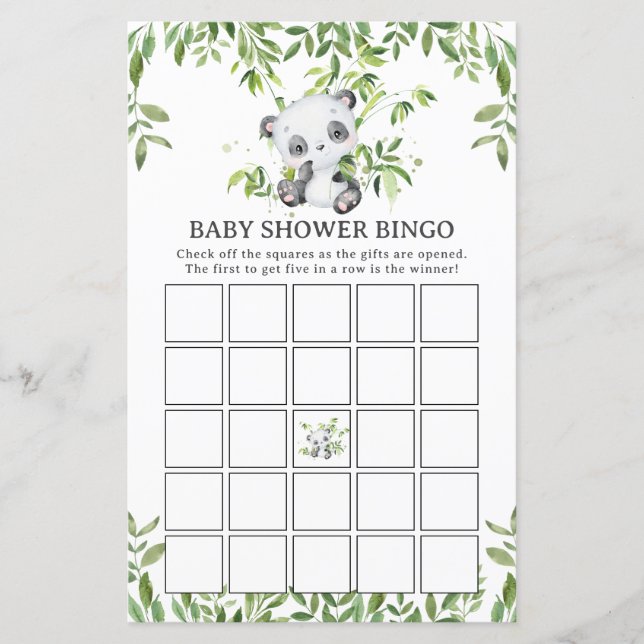 Niedlich Panda Bear Greenery Baby Shower Bingo Gam (Vorderseite)