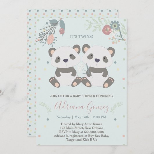 Niedlich Panda Bears Twins Kinderdusche Einladung (Vorne/Hinten)