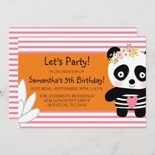 Niedlich Panda Birthday Girl Einladung (Vorne/Hinten)