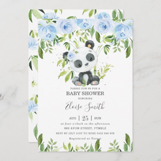 Niedlich Panda Blue Floral Greenerity Baby Dusche Einladung (Vorne/Hinten)