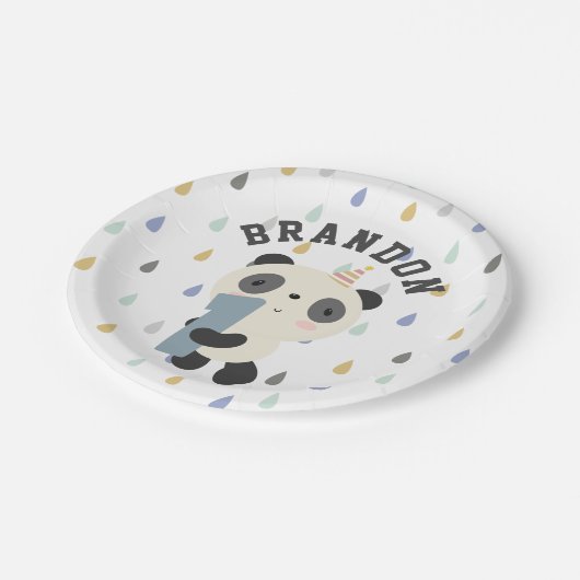 Niedlich Panda First Birthday Balloon individuell  Pappteller (Schrägansicht)
