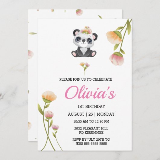 Niedlich Panda Geburtstag Einladung Button Wasser  (Vorne/Hinten)