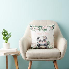 Niedlich Panda Girl Greenery Pink Blume Kissen