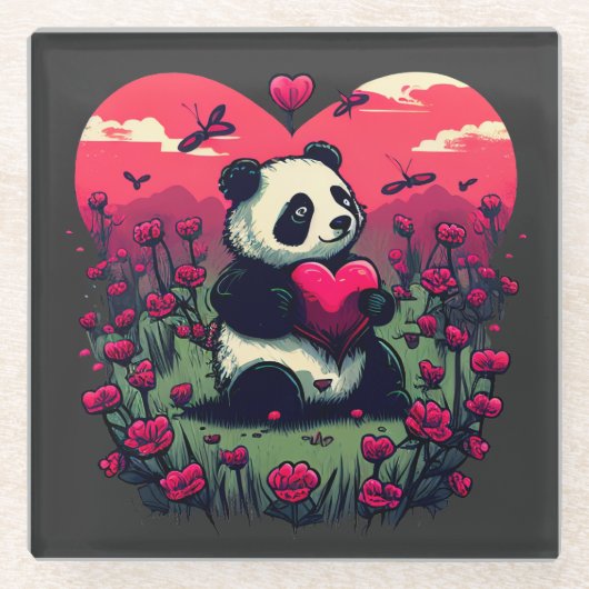 Niedlich Panda Holding Heart - Valentinstag Gesche Glasuntersetzer (Vorderseite)
