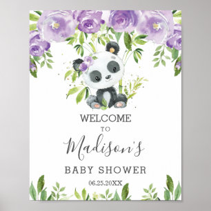 Niedlich Panda Lila Blumengrün Bamboo Willkommen Poster