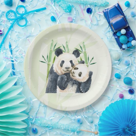 Niedlich Panda Pair & Bamboo Wasserfarbe Pappteller (Party)