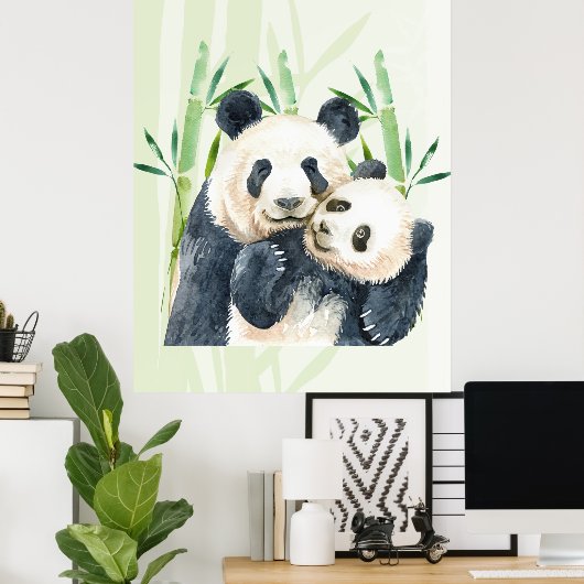 Niedlich Panda Pair & Bamboo Wasserfarbe Poster (Heimbüro)