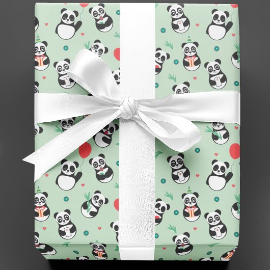 Niedlich Panda Pattern Geburtstag | Grün Geschenkpapier
