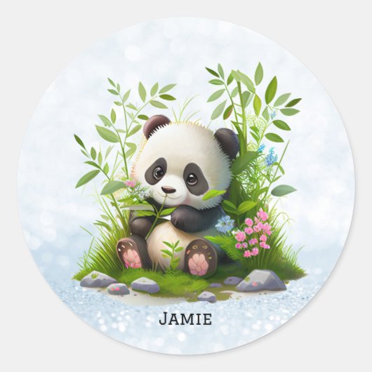 Niedlich Panda Personalisiert Pink Floral Bamboo Runder Aufkleber (Vorderseite)